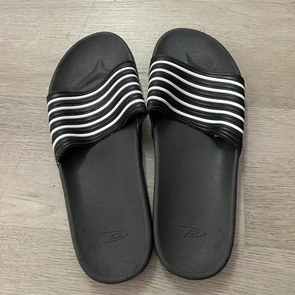 Pro Player Sport Slide Sandals Mens Size 8/9 Black White Striped Athletic Shoes